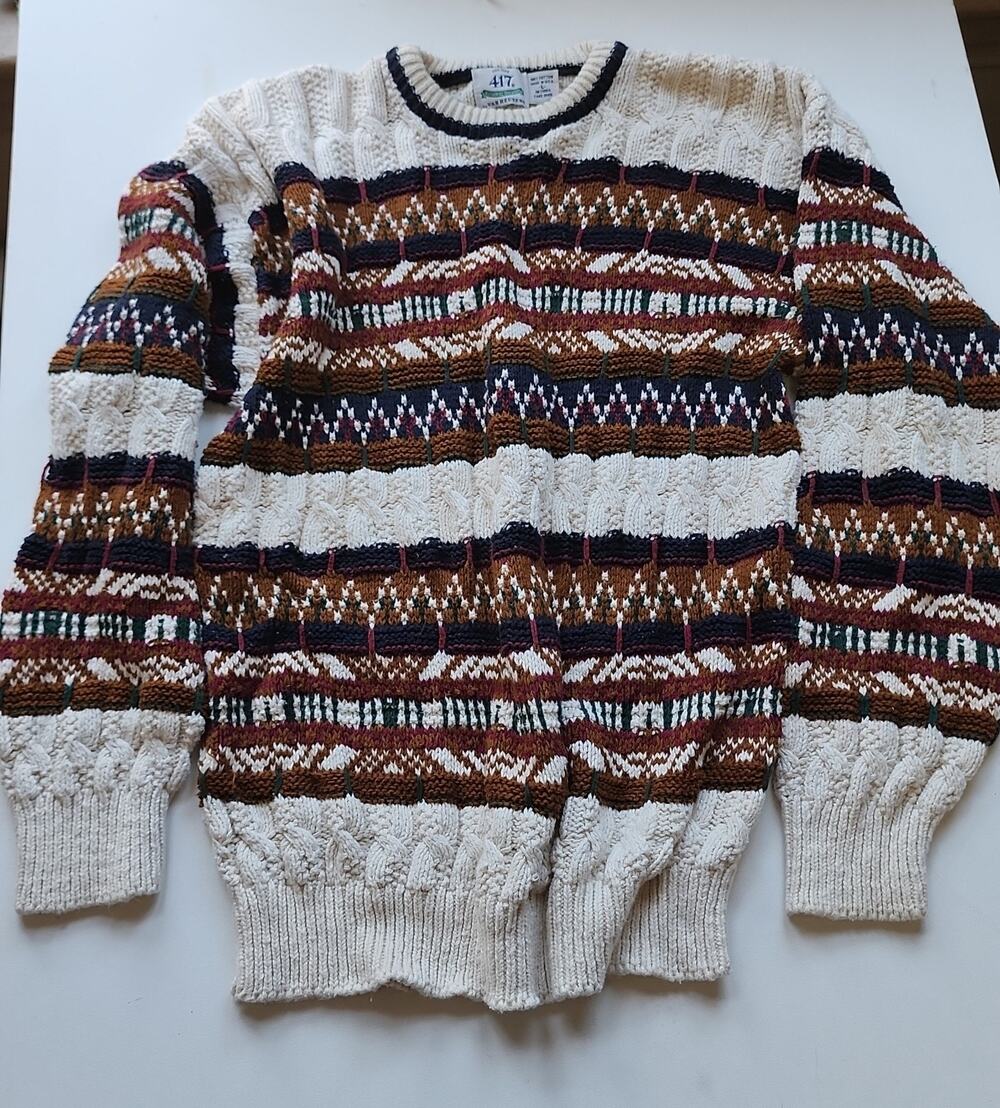 VTG 90s Van Heusen 417 Textured Coogi Style Geometric Fair Isle Cotton Sweater L